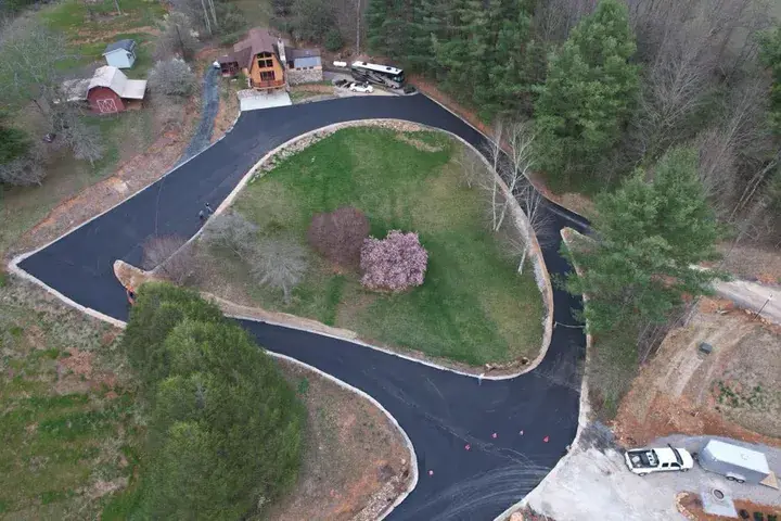 A long paved drive seen from the air