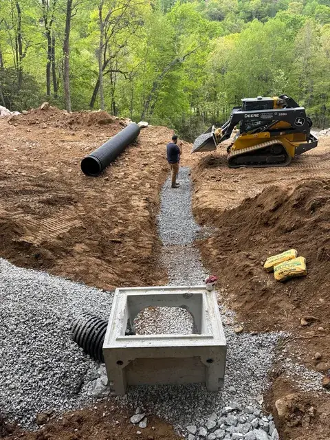 A catch basin and drainage pipe in a trench